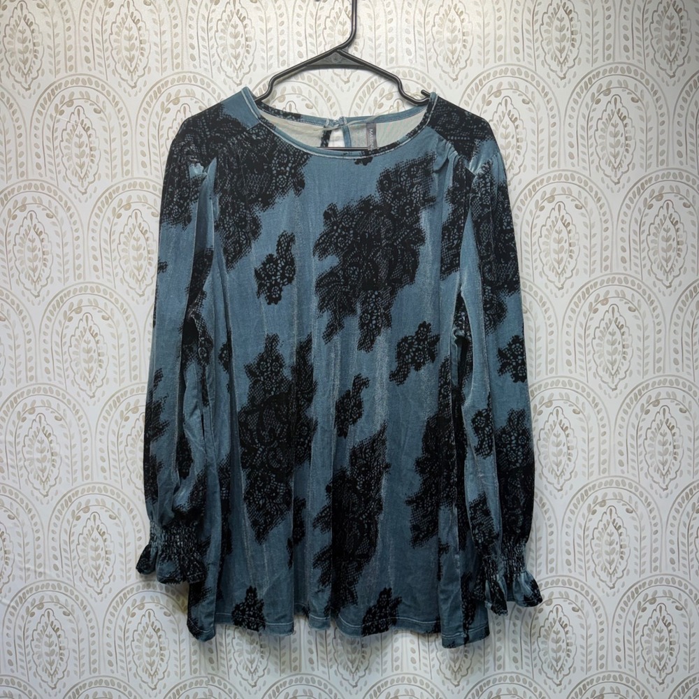Massini Velvet Top Womens 1X Blue Black Burnout Floral Smocked Cuff Blouse